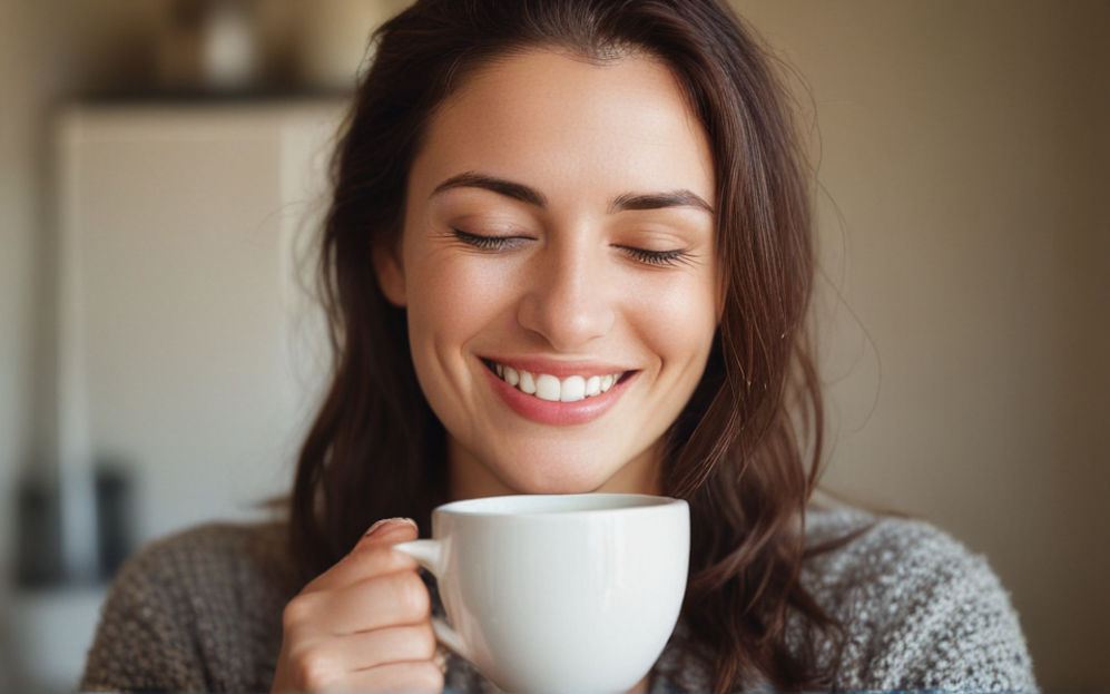 A woman smiles contentedly as she holds a steaming mug of coffee, her eyes closed in bliss.